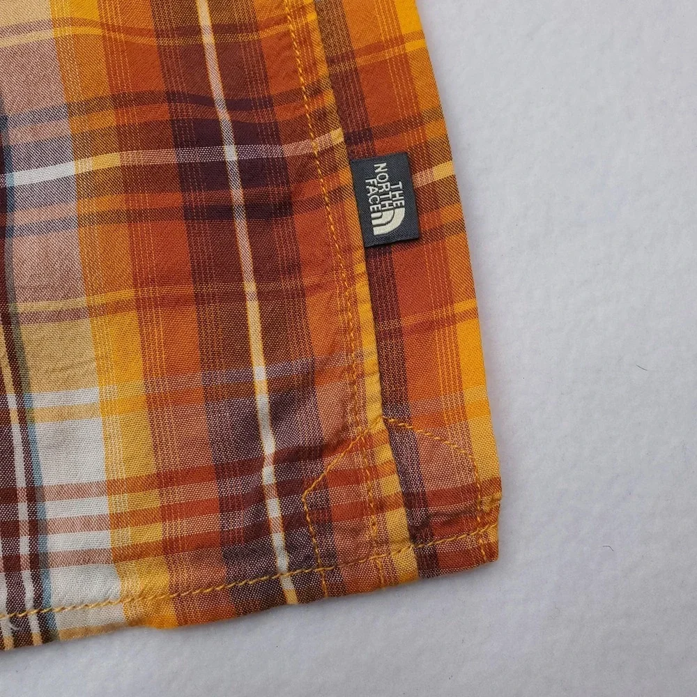 North Face Shirt Mens Small Orange Yellow Plaid Short Sleeve Button Up Outdoor